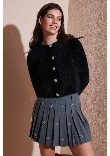 Lela Fitted Fit Bisiklet Yaka Yumuşak Dokulu Crop Bayan Hırka 4615559 Siyah