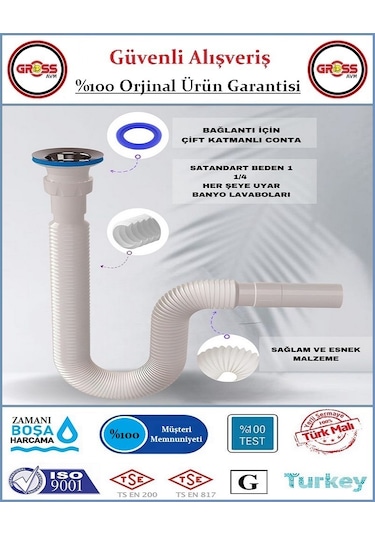 Lavabo Evye Gider Sifonu - Körüklü - Paslanmaz Süzgeç - Paslanmaz Beyaz