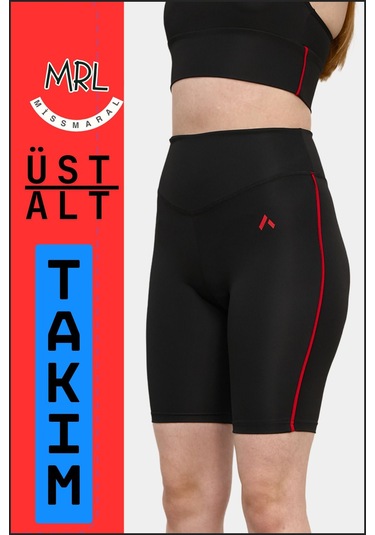 Kadın Siyah Takım Alt-üst Kısa Şort-tayt Ve Pedli Sporcu Büstiyer 2li Set Kırmızı Biyeli Elt3043 Siyah Kırmızı