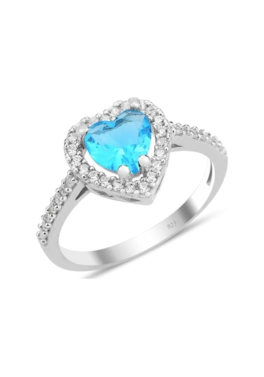 Söğütlü Silver Gümüş Rodyumlu Mavi Taşlı Pırlanta Montürlü Kalp Modeli Yüzük