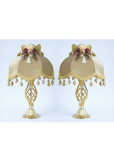 Kadife Kaplı Çiçek Dekorlu Gold Kaplama Vintage Abajur 13798424 Diğer