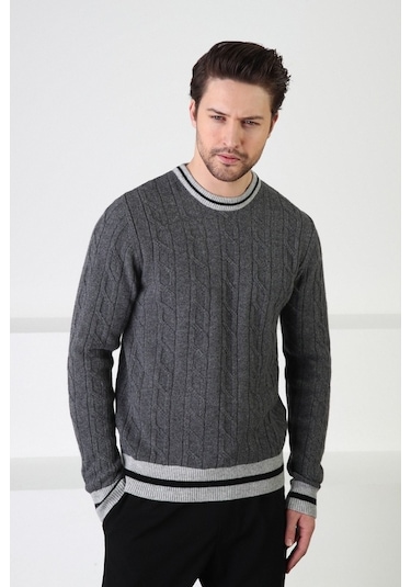 Ferraro Füme/A.Gri Bisiklet Yaka %100 Kuzu Yünü Erkek Kazak Füme Gri Füme