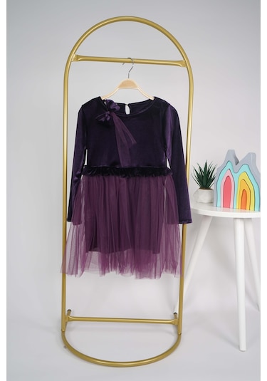 Kız Çocuk Yılbaşı Temalı Eteği Tül Astarlı Tokalı Kadife Uzun Kol Elbise Mor