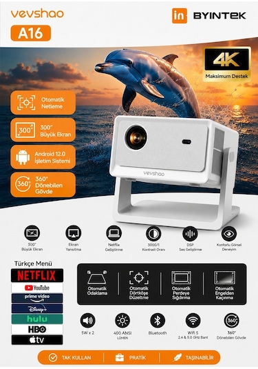 Byıntek Vevshao A16 Full Hd 1080p Projeksiyon Ev Sinema Sistemi Android 12.0 Wi-fi