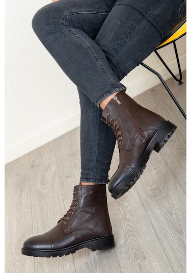 D402 Hakiki Deri Soğuk Geçirmez Kışlık Erkek Bot Kauçuk Taban Kahverengi