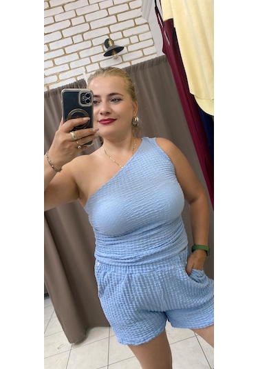 Tuba Toptaş Gofre Şort Lastikli Bel Mavi
