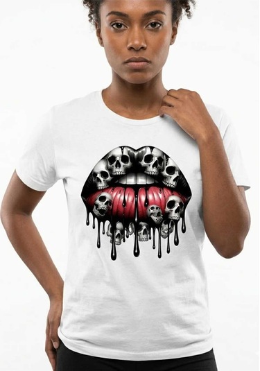 Kadın Kuru Kafa Dudak Baskılı Pamuklu T-shirt Beyaz