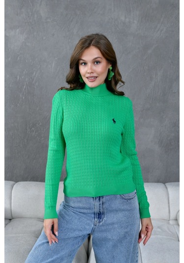 Kadın Dik Yaka Saç Örgü Nakış Detaylı Triko Kazak Yeşil