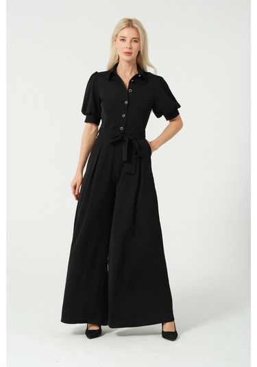 Balon Kol Bağcık Detaylı Tulum Siyah