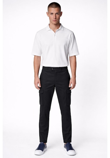Giotelli Erkek Siyah Dar Kesim Slim Fit Viskon Dokuma Kargo Cep Normal Bel Pantolon