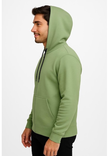 Axxel Erkek Yeşil Fermuarlı Kapüşonlu Sweatshirt-w590 Yeşil 3 İplik Şardonlu