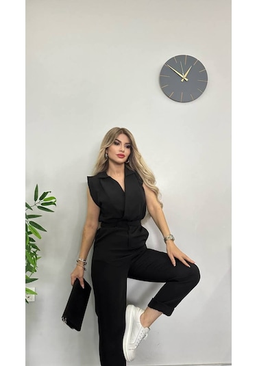 Yeni Sezon Gömlek Yaka İthal Kumaş Tulum Siyah Siyah