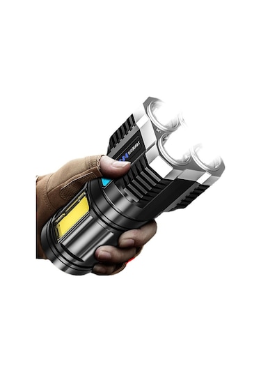 Yfashion Dört Çekirdekli El Feneri Güçlü Işık Şarj Edilebilir Süper Parlak Dış Mekan Çok Fonksiyonlu Led Uzun Menzilli Işık Siyah