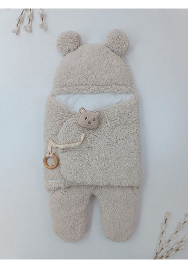 Bebek Dış Kundak Battaniyesi Pelüş Ayaklı Welsoft Uyku Tulumu Kışlık Mont Yenidoğan 0-12 Ay Bej