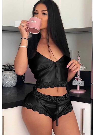 Merry See Saten Dantelli Şortlu Pijama Takım Siyah