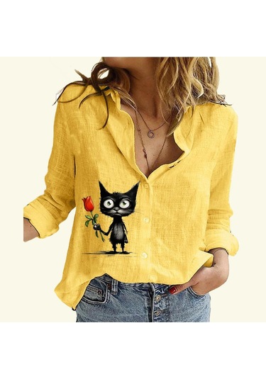 Kadın Moda Pamuk Keten Gömlek Kedi Baskılı Uzun Kollu Üst Bayan Günlük Düğmeli Bluz Sari