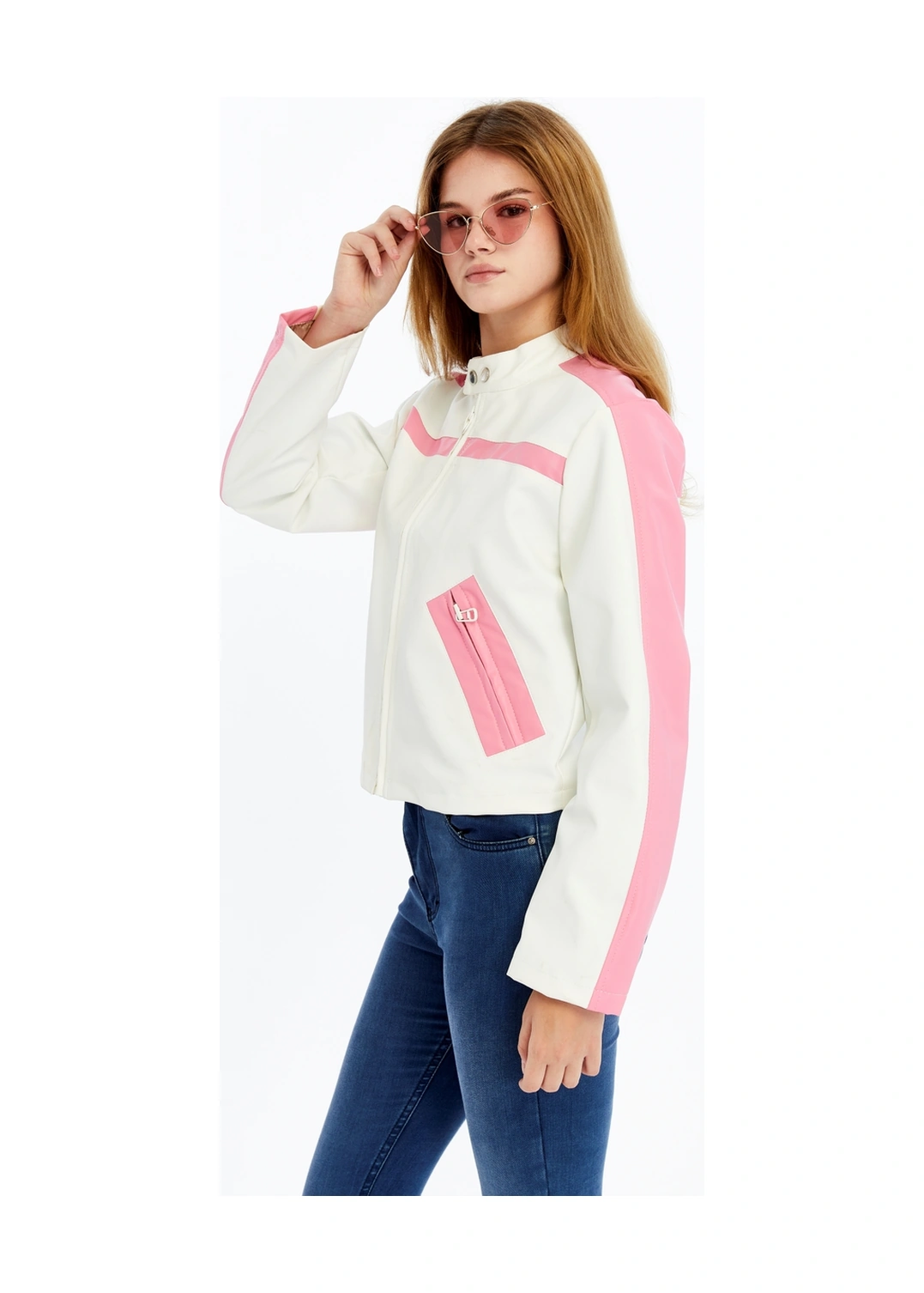 Kadın Şeritli Deri Ceket Günlük Kullanım Niş Özgün Tasarım Mont Fermuarlı Standart Bomber Ceket Beyaz