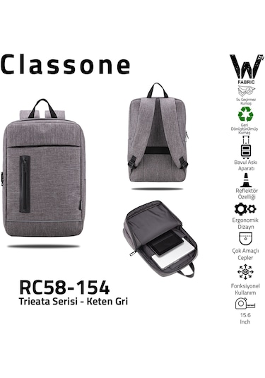 Classone RC58-154 Triesta Serisi Geri Dönüştürülmüş Kumaş 15.6" Uyumlu Notebook Sırt Çantası Gri