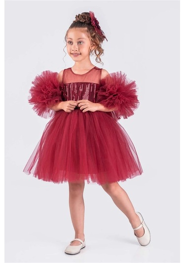 Kız Çocuk Abiye Elbise Ponpon Kol Pul Payetli Tütülü Bordo