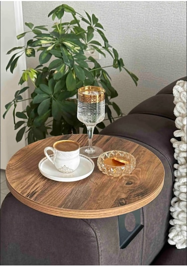 Koyu Ceviz Yan Sehpa Koltuk Yanı Sehpa Kolda Ayarlanabilir Tepsi