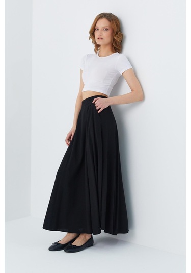 4631 Kadın Parçalı Kloş Etek Siyah Siyah