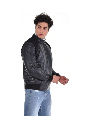 Hakiki Deri Siyah Erkek Deri Mont Kollar Ve Belden Lastikli Çift Fermuarlı Yandan Cepli Deri Ceket Siyah