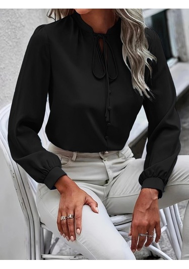 Kadın Uzun Kollu Yakalı Yakadan Bağcıklı Düğmeli Sandy Bluz Siyah