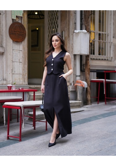 Kadın Yelekli Maxi Etekli Takım Siyah