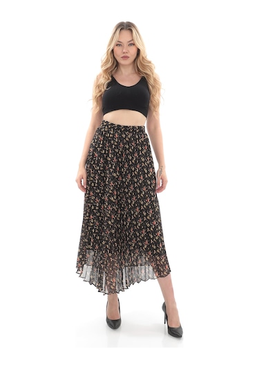 Soralline Kadın Etek 786 Şifon Empirme Küçük Çiçekli Siyah
