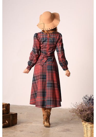 Vintage Kahve Kloş Kare Yaka Elbise