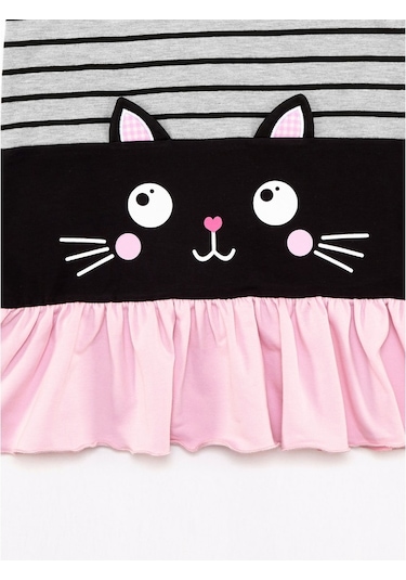 Denokids Siyah Kedi Kız Elbise Çok Renkli