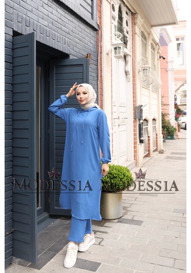 Kadın Mavi Aerobin Uzun Kapşonlu İkili Takım T0219 Mavi