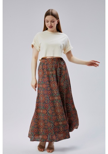 Bw Best Woman Viskon Kumaş 8 Parça Uzun Kadın Etek- Turuncu Desenli Çok Renkli