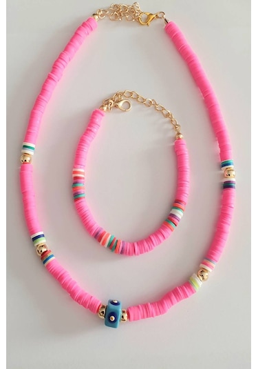 Fimo Soft Nazar Boncuklu Kolye ve Bileklik Seti  Pembe