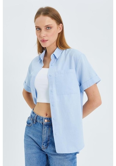 3950 Kadın Oxford Kısa Kollu Basic Gömlek Bebe Mavi Bebe Mavi