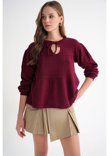 6950 Kadın Yakası Bağcıklı Pileli Triko Kazak Bordo Bordo
