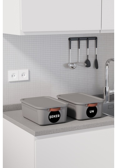2 Li Bakliyat Erzak Saklama Kabı Un Şeker Saklama Kutusu Kapaklı Kulplu Plastik Saklama Kabı Gri