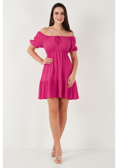 Lela Önü Büzgülü Balon Kollu Mini Bayan Elbise 5869005 Fuşya
