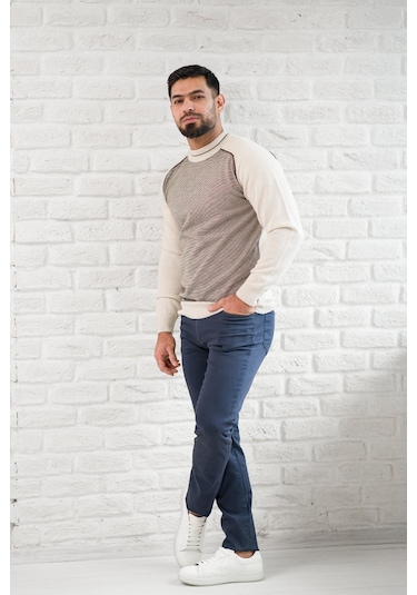 San&fa Yarım Balıkçı Desenli Slimfit Yünlü Triko Kazak Krem