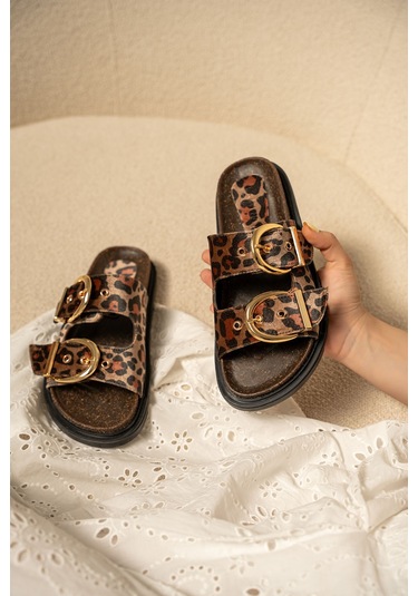 Craft Kadın Gold Toka Detaylı Terlik Leopar Süet