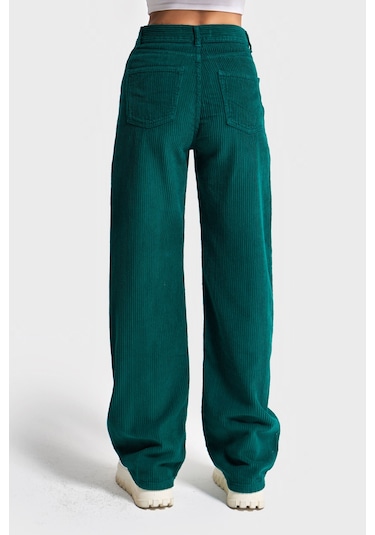 Itsbasic Kadın Petrol Yeşili Doris 29w5-118 Straight Fit Yüksek Bel Kalın Fitilli Velvet Kadife Kumaş Pantolon Yeşil