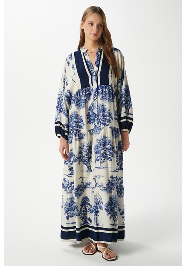 Modest Kadın Carena %100 Viskon Mavi Maksi Boy Yazlık Elbise Mavilacivertkrem Çok Renkli