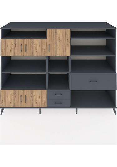 Kronos Dolap 13 Raflı 3 Çekmeceli 5 Kapaklı 220x59x163 Antrasit-ç Antrasit-çam/antrasit