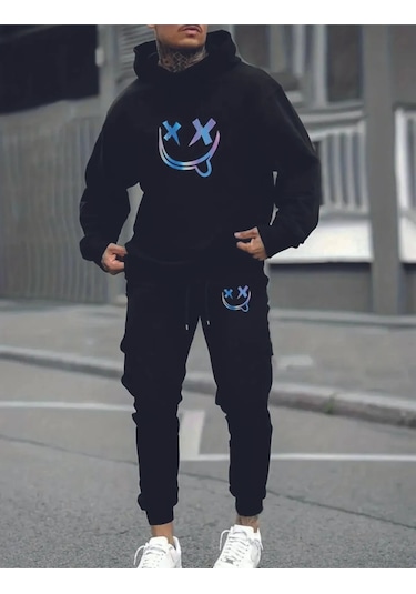 Hırsch Siyah Erkek Oversize Basic Kapüşonlu Paçası Lastikli Smile Baskılı Pamuklu Eşofman Takımı Siyah Hırsch Siyah Erkek Oversize Basic Kapüşonlu Paçası Lastikli Smile Baskılı Pamuklu Eşofman Takımı Siyah