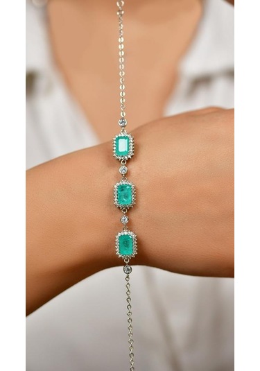Roza Silver Paraiba Taşlı Rodyum Baget Anturaj Gümüş Bileklik
