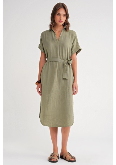 4720 Kadın Pile Detaylı Bağlamalı V Yaka Müslin Elbise Haki Haki