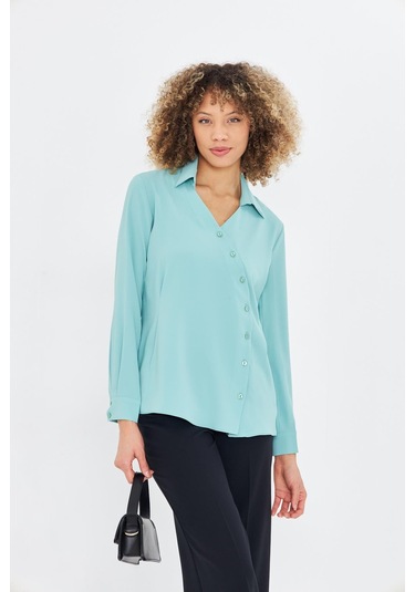 Asimetrik Pile Detay Gömlek Mint Yeşili Mint Yeşili
