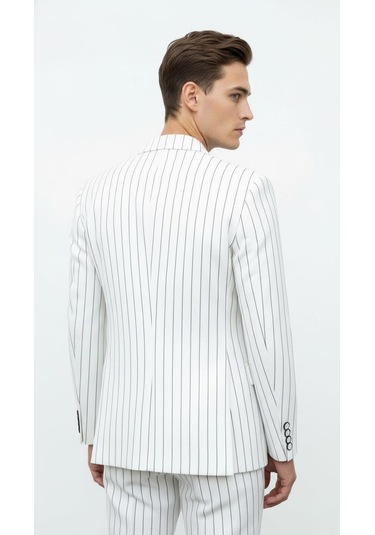 Plus Scorpion Beyaz Çizgili Erkek Kruvaze Blazer Ceket İtalyan Kesim, Modern Ve Zarif Şıklık Beyaz