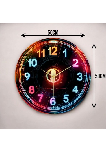 Dijital Görünümlü Neon Renkli Baskı Desenli Sayılı Hediyelik Ahşap Sessiz Duvar Saati 50cm ÇOk Renkli