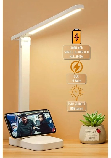 Şarjlı Masa Lambası - 3 Renk Dokunmatik Telefon Standlı 9w Led 800 Lümen Usb Şarjlı Beyaz